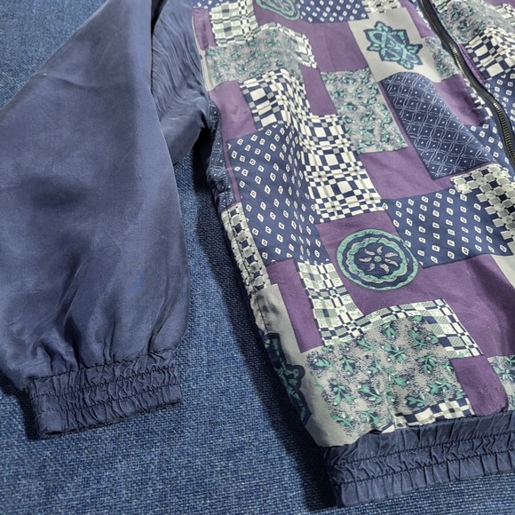 ONE RESOURCE Vintage Silk Patchwork Bomber Jacket Purple Blue Print Zip Up L - Picture 3 of 10
